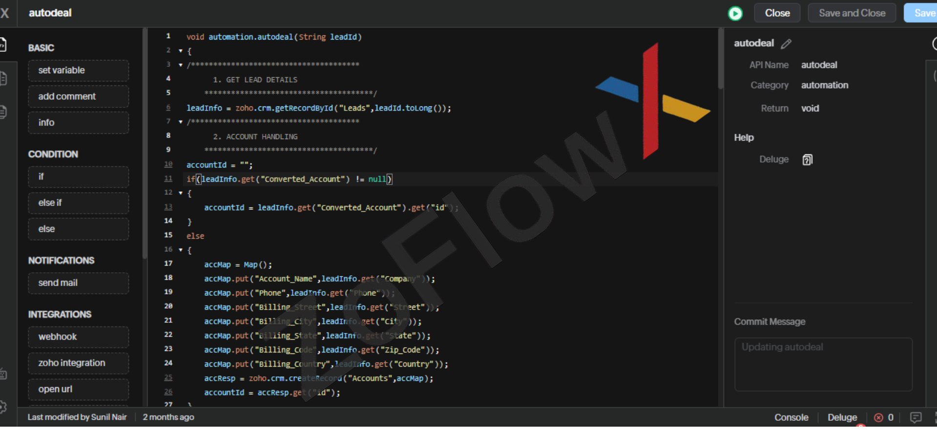 Zoho CRM Deluge custom function automating lead conversion and account creation for Innoval