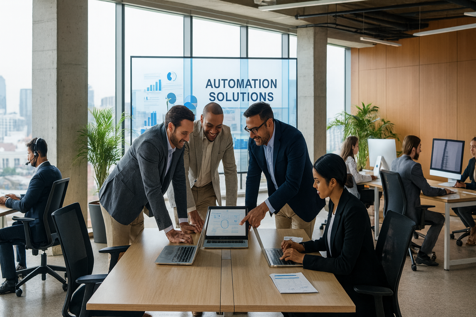 Business team collaborating with automation tools to improve efficiency