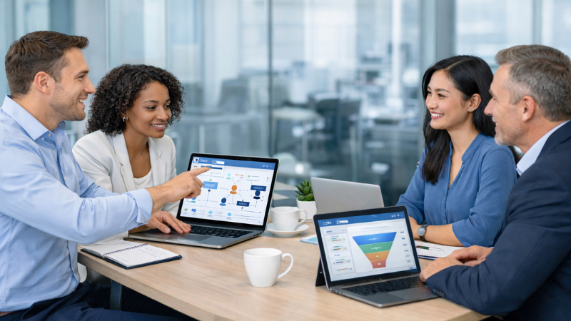 Professional team setting up Zoho CRM account correctly using structured workflows and CRM dashboards