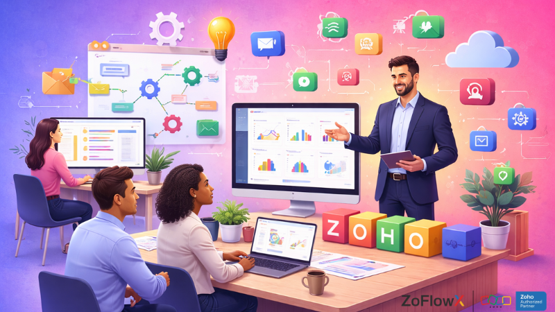 Zoho consultant presenting CRM dashboard and digital tools to a team in a modern office setting