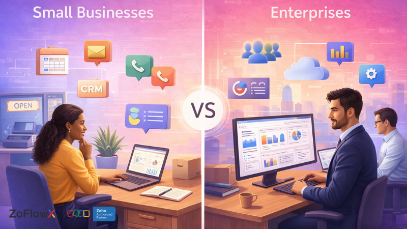 Comparison of Zoho consulting services for small businesses vs enterprises showing different work environments, tools, and scale of operations in a modern office setting