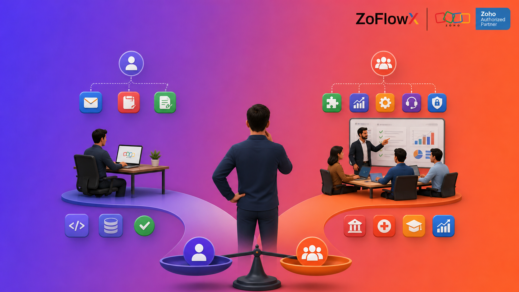Zoho Partner vs Direct Zoho decision illustration showing a business owner choosing between self-implementation and expert-led Zoho setup with team collaboration and integrated tools 
