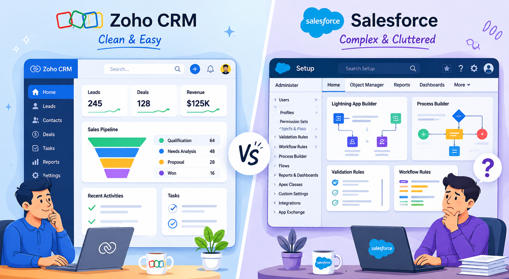 Comparing ease of use and customization between Zoho CRM and Salesforce. 